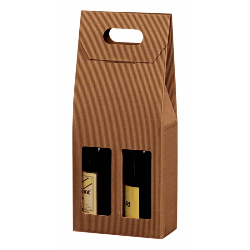 Gaveæske til vin, udvendig dim: 180 x 90, x 410 mm, indre dim: 180 x 90 x 380 mm, 1-lags, B-flute, særligt design, med håndtag, brun, 2 flasker, pakke a 20 stk