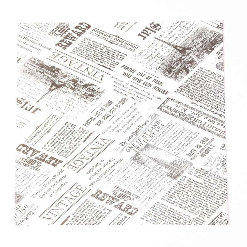 Indpakningspapir Newspaper, flat bag, 45 g/m2, 330 x 400 mm, Papir + PE, hvid, personliggjort, pakke a 10 kg, palle 50 pakker, palle a 50 kartoner, Fødevaregodkendt, Fedttæt kvalitet