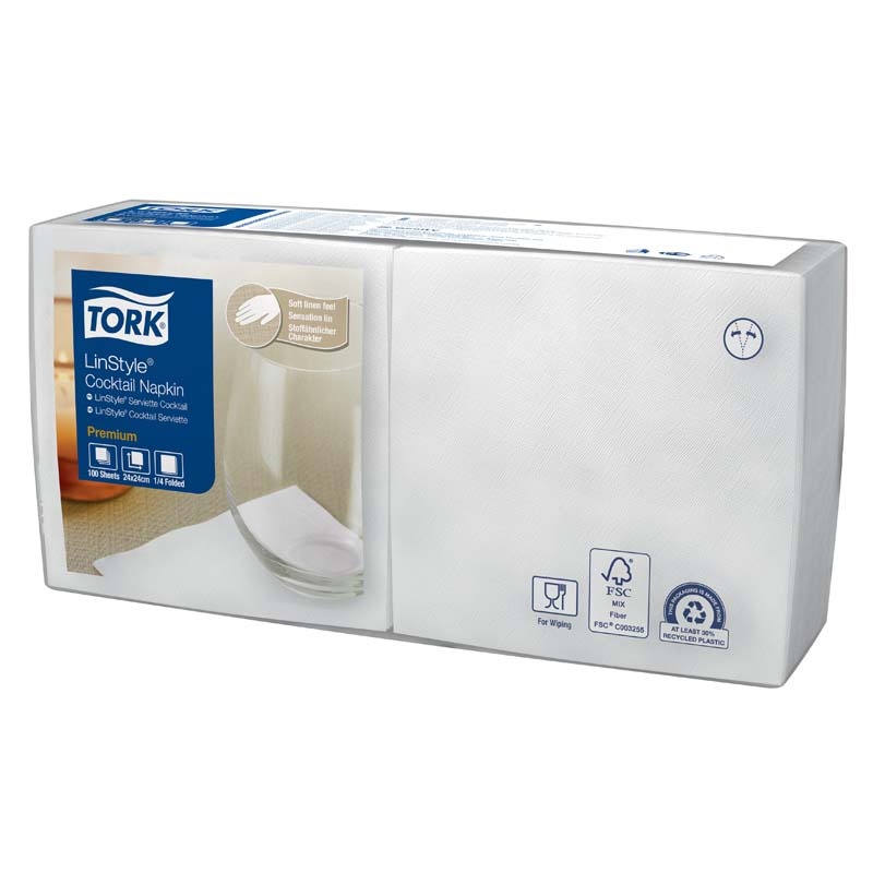 Kaffeservietter, Tork, Linstyle, 1/4- fold Cocktail, 1 lag, hvid, 240mmx240mm, 55g/m2, pakke a 100 stk, FSC Mix Credit