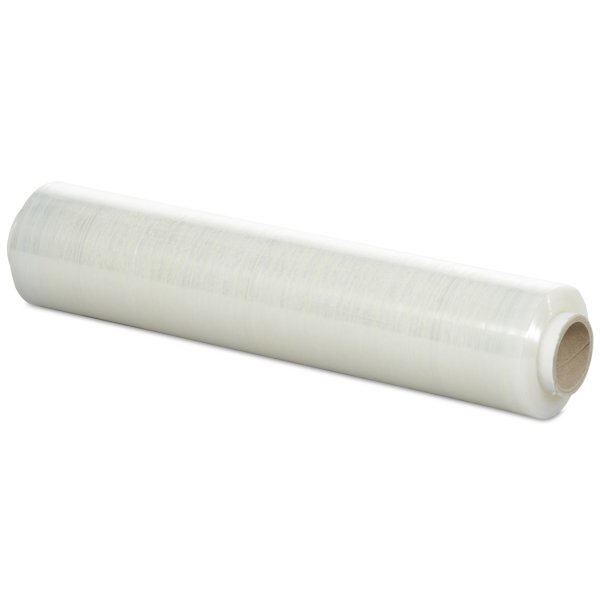 Håndstrækfilm, cast, 150% stræk, 15 µm, 450 mm, x 300.00 m, kernediameter: 50 mm, LLDPE med 30 % PCR, Indvendig klæb, transparent, rullevægt: 1.86 kg, kasse a 6 ruller, palle a 264 ruller