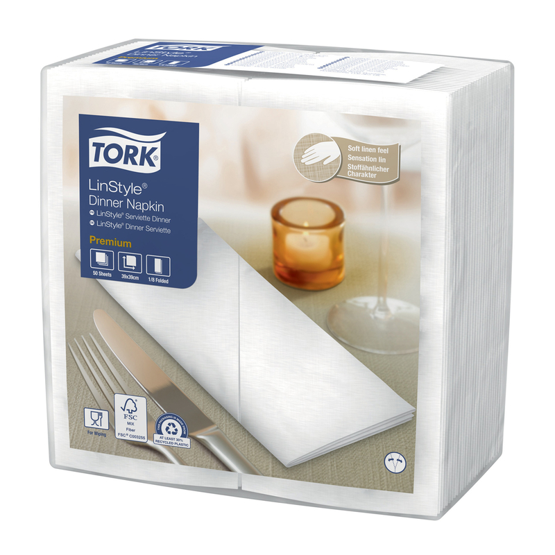 Middagsservietter, Tork, Linstyle, 1/8-Fold, hvid, 390mmx390mm, pakke a 50 stk, FSC Mix Credit